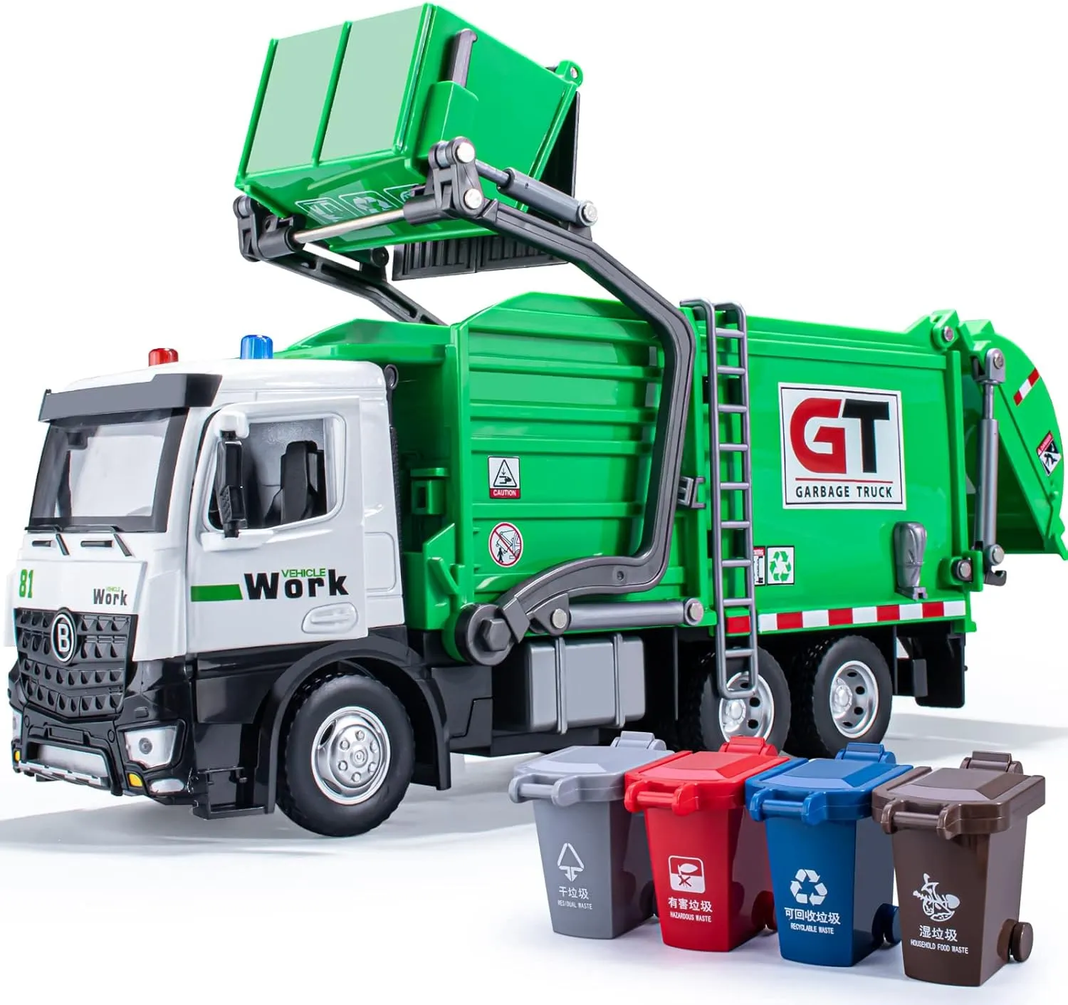 Garbage Truck Toys Metal Cab, Realistic Trash Truck Toys for Boys Kids with Lights and Sounds, Friction Powered Recycling Vehicles, Front Loader with Dumpster, 4 Trash Bins, 12"