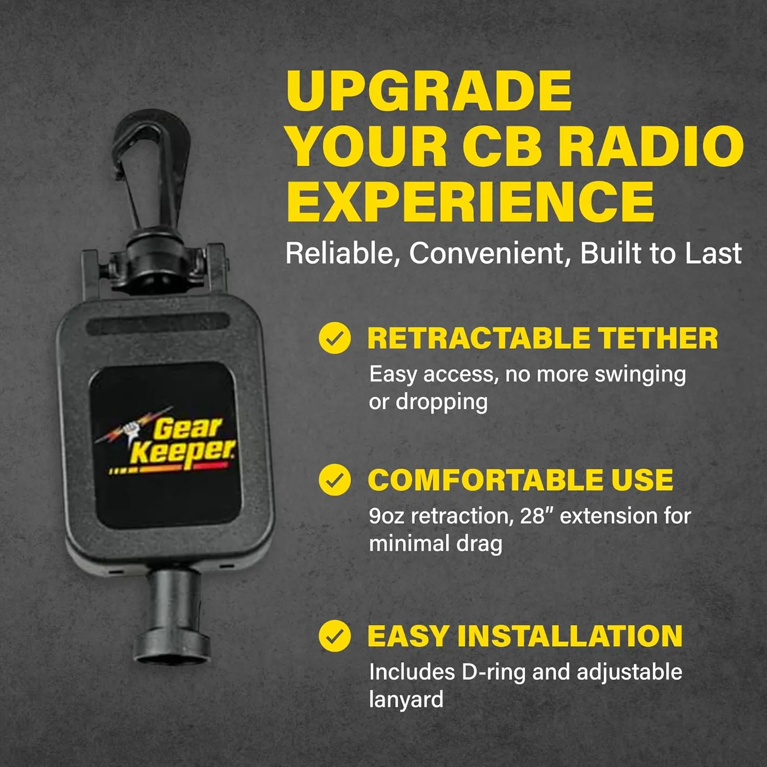 Gear Keeper CB MIC KEEPER Retractable Microphone Holder RT4-4112 – Features Heavy-Duty Snap Clip Mount, Adjustable Mic Lanyard and Hardware Mounting Kit - Made in USA – Black