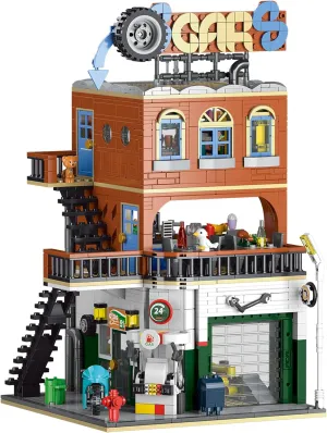 General Jim's Car Repair Shop & Diner Dual Build Set – 1,637 Piece Modular Garage with LED Lights, Rooftop Café, Working Garage Door, 2-in-1 Vertical or Side-by-Side Layout