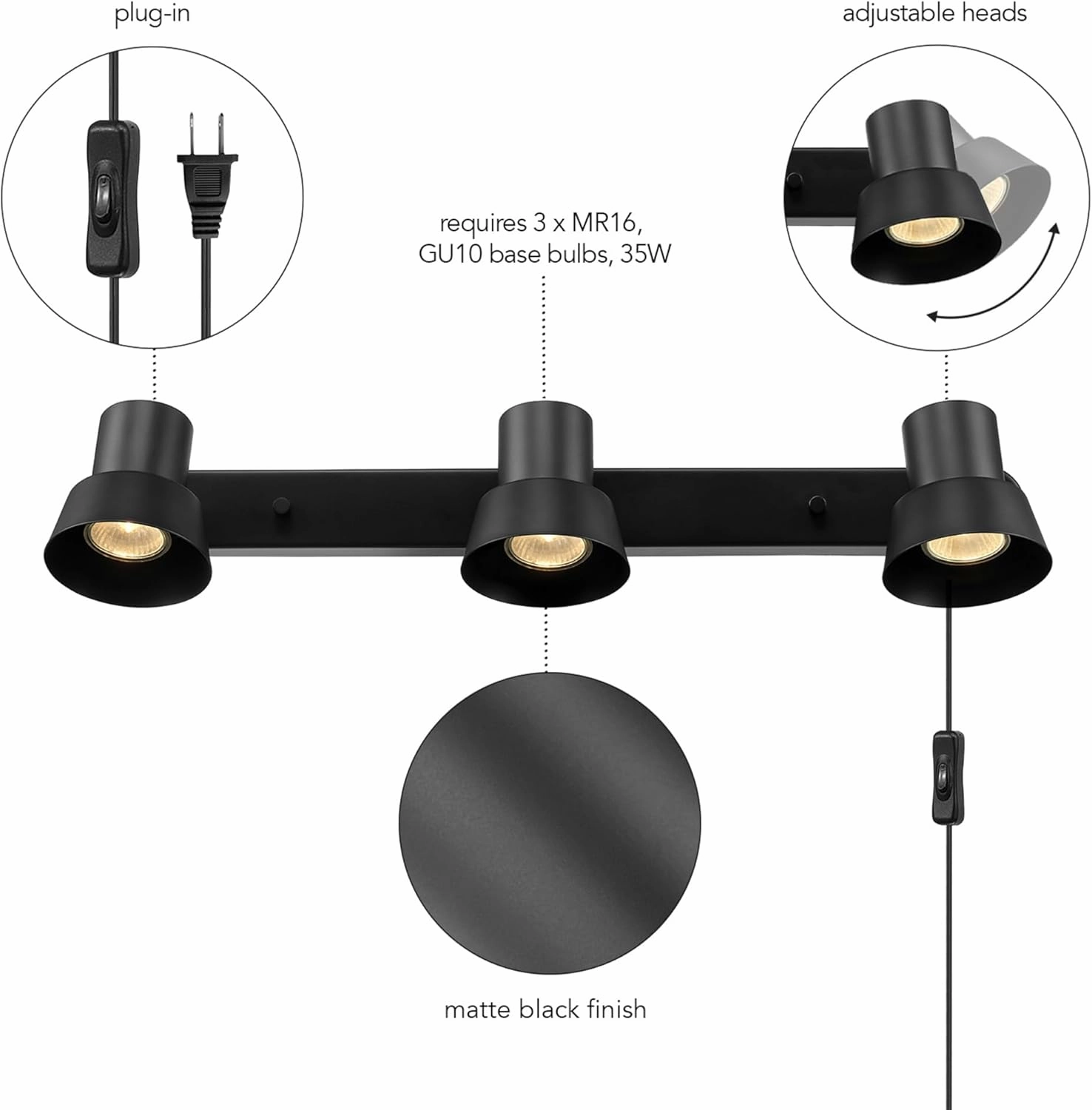 GLOBE Electric 64000115 22" 3-Light Plug-in Track Lighting, Matte Black, Pivoting Track Heads, 15-Foot Black Cord, in-Line on/Off Rocker Switch