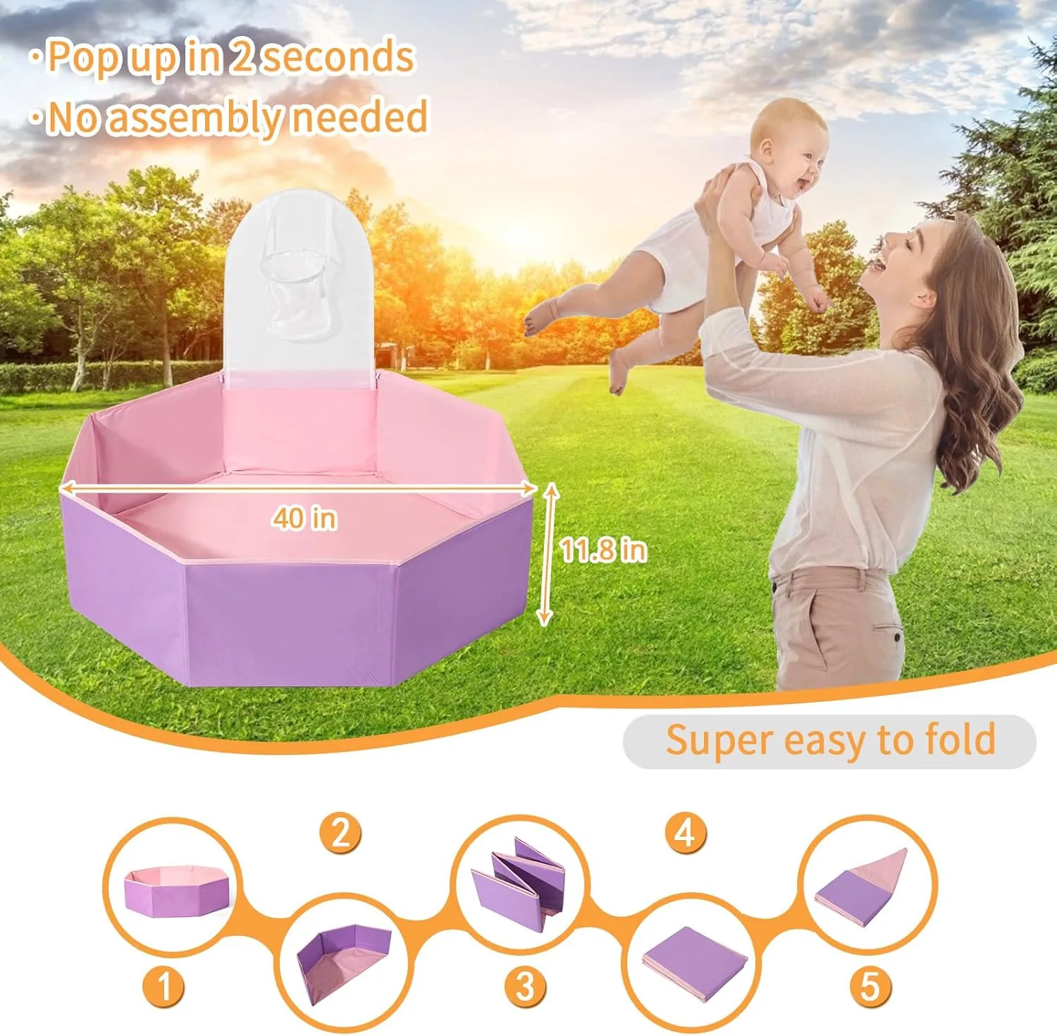 GOGOSO Foldable Ball Pit for Toddlers Large Soft Indoor Outdoor Pop Up Baby Kids Infant Ballpit Big Collapsible Puppy Dog Cat Pits with Basketball Hoop (Balls Not Included) Pink Purple