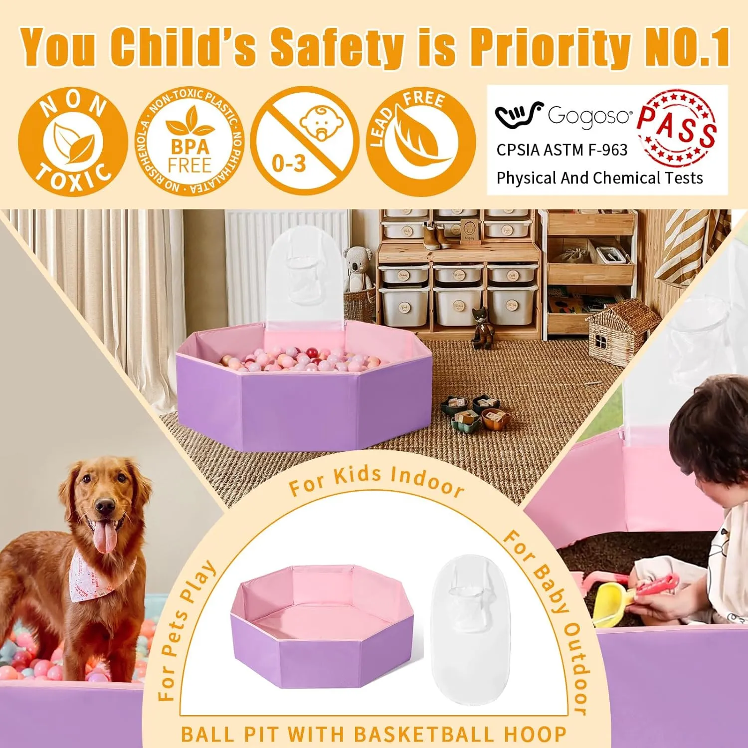 GOGOSO Foldable Ball Pit for Toddlers Large Soft Indoor Outdoor Pop Up Baby Kids Infant Ballpit Big Collapsible Puppy Dog Cat Pits with Basketball Hoop (Balls Not Included) Pink Purple