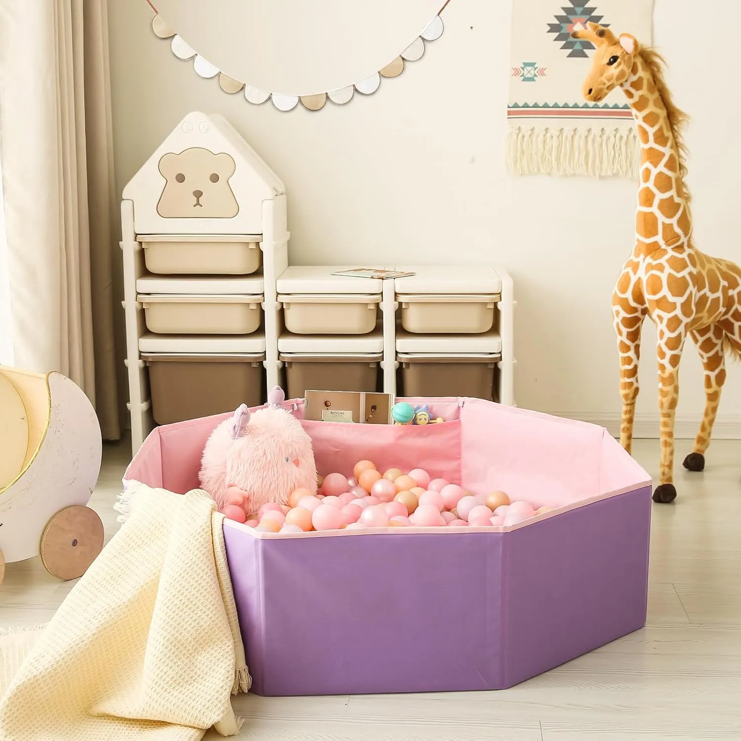 GOGOSO Foldable Ball Pit for Toddlers Large Soft Indoor Outdoor Pop Up Baby Kids Infant Ballpit Big Collapsible Puppy Dog Cat Pits with Basketball Hoop (Balls Not Included) Pink Purple