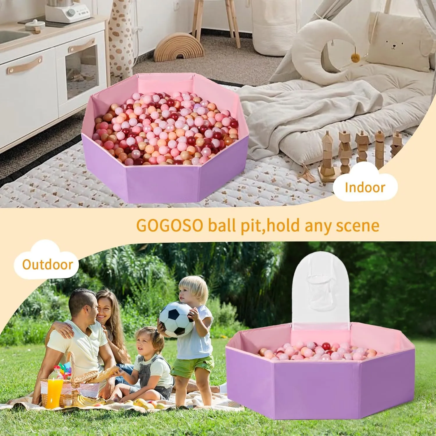 GOGOSO Foldable Ball Pit for Toddlers Large Soft Indoor Outdoor Pop Up Baby Kids Infant Ballpit Big Collapsible Puppy Dog Cat Pits with Basketball Hoop (Balls Not Included) Pink Purple