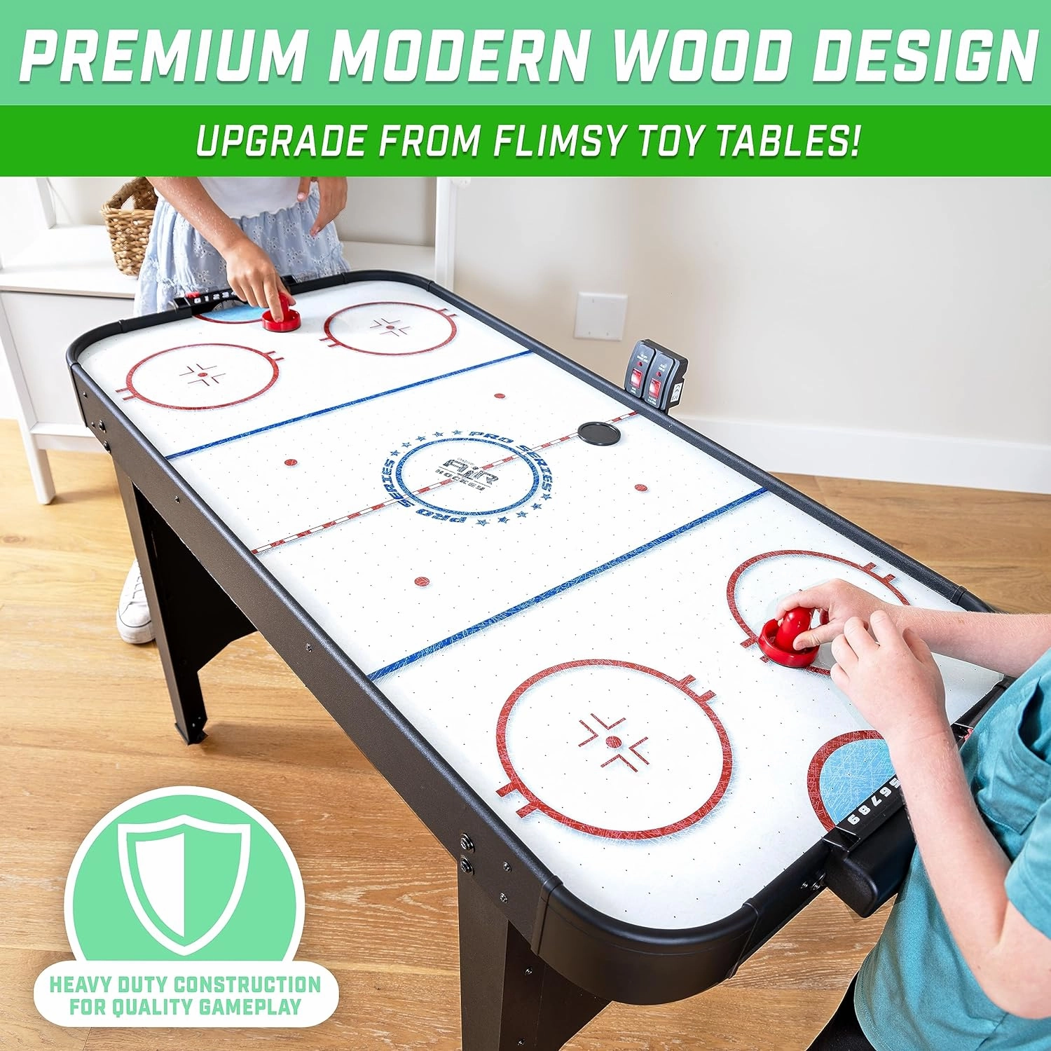 GoSports 48 Inch Air Hockey Arcade Table for Kids - Oak or Black - Includes 2 Pushers, 3 Pucks, AC Motor, and LED Scoreboard