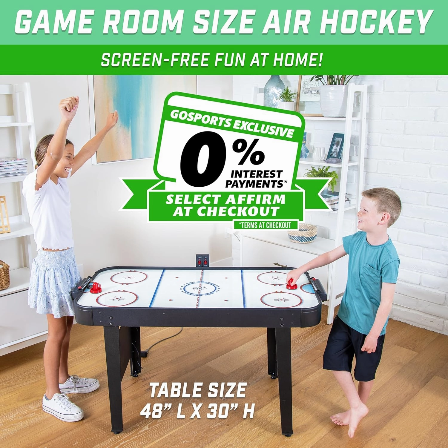 GoSports 48 Inch Air Hockey Arcade Table for Kids - Oak or Black - Includes 2 Pushers, 3 Pucks, AC Motor, and LED Scoreboard