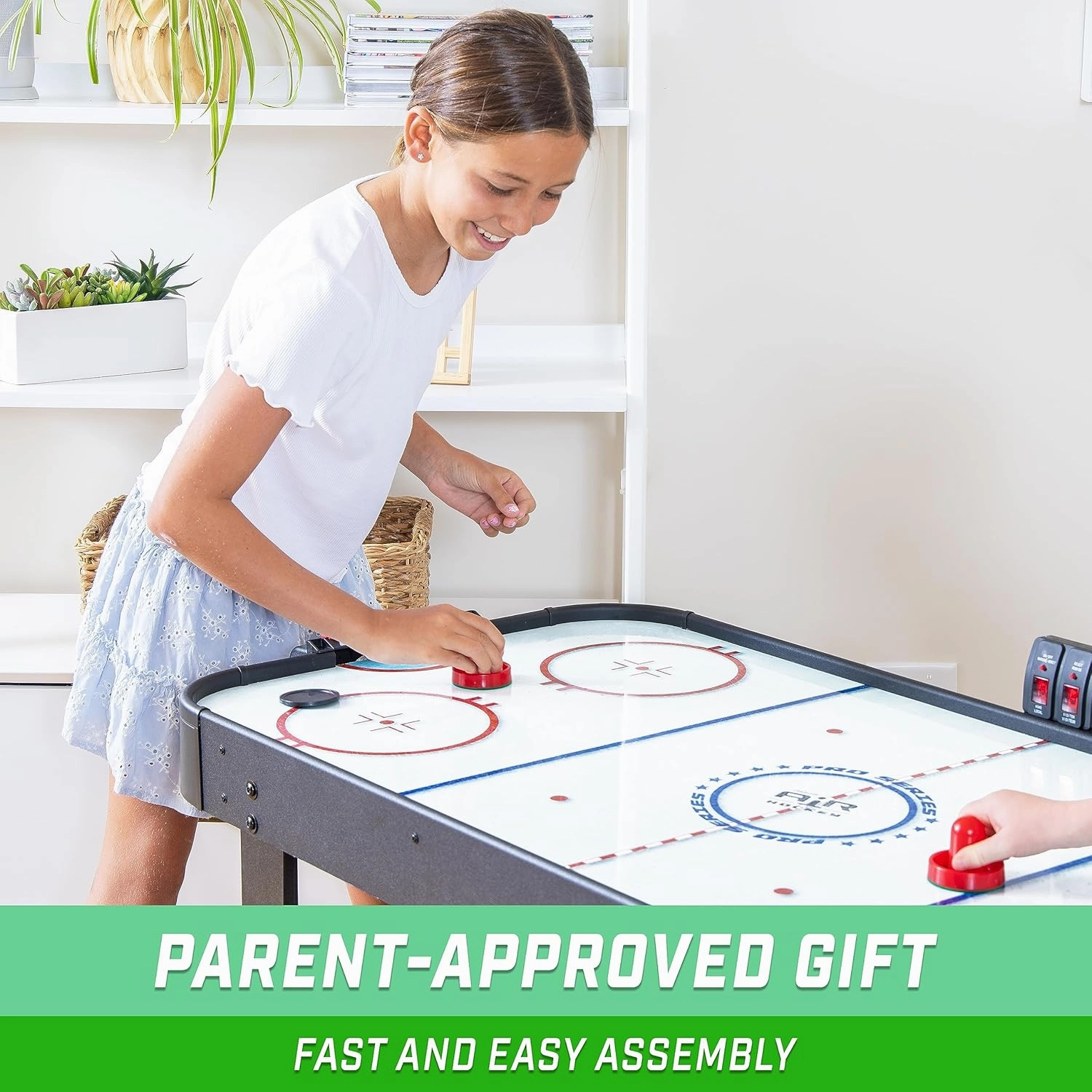 GoSports 48 Inch Air Hockey Arcade Table for Kids - Oak or Black - Includes 2 Pushers, 3 Pucks, AC Motor, and LED Scoreboard