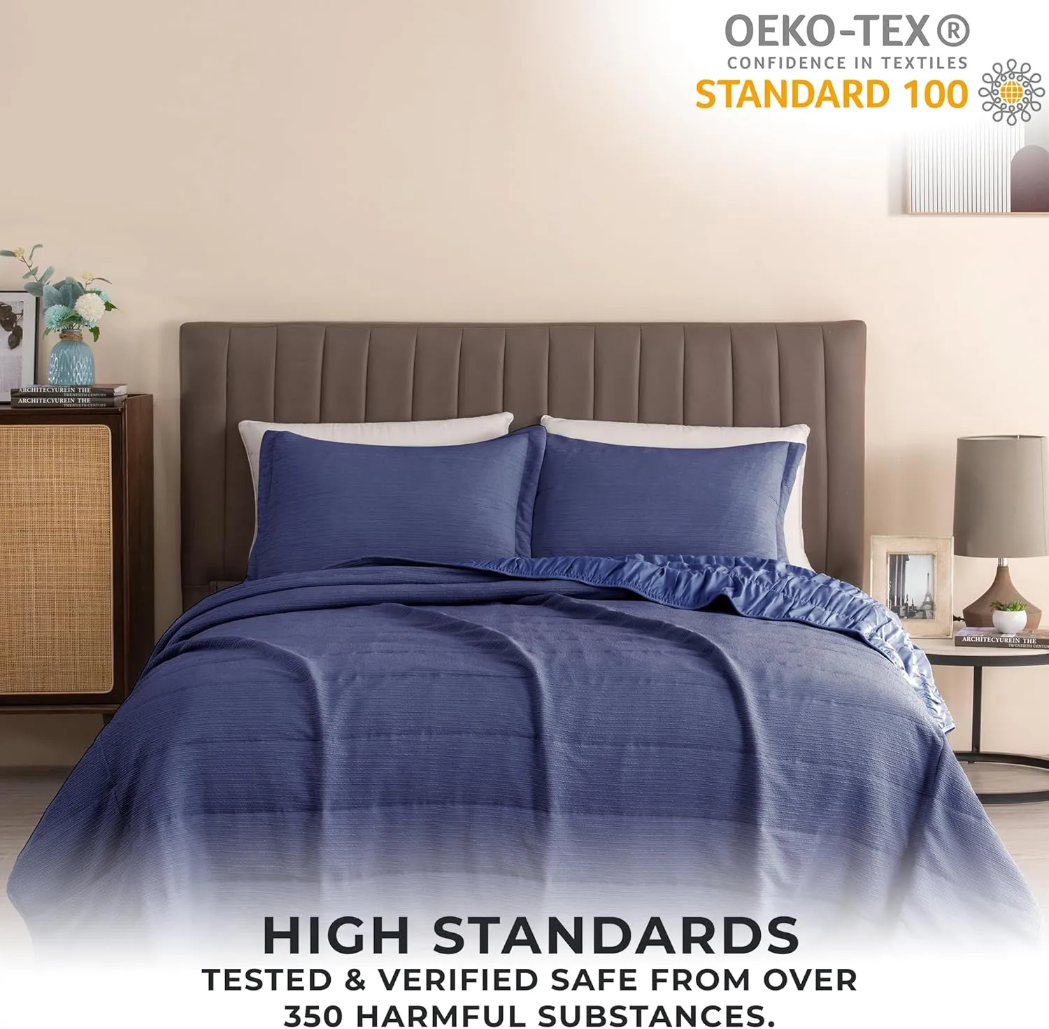Great Bay Home Textured Spandex King Quilt Set Includes Shams. Navy Heavyweight Bedspread, All-Season Coverlet Bedding Set. Luxurious Warm Bedding Set