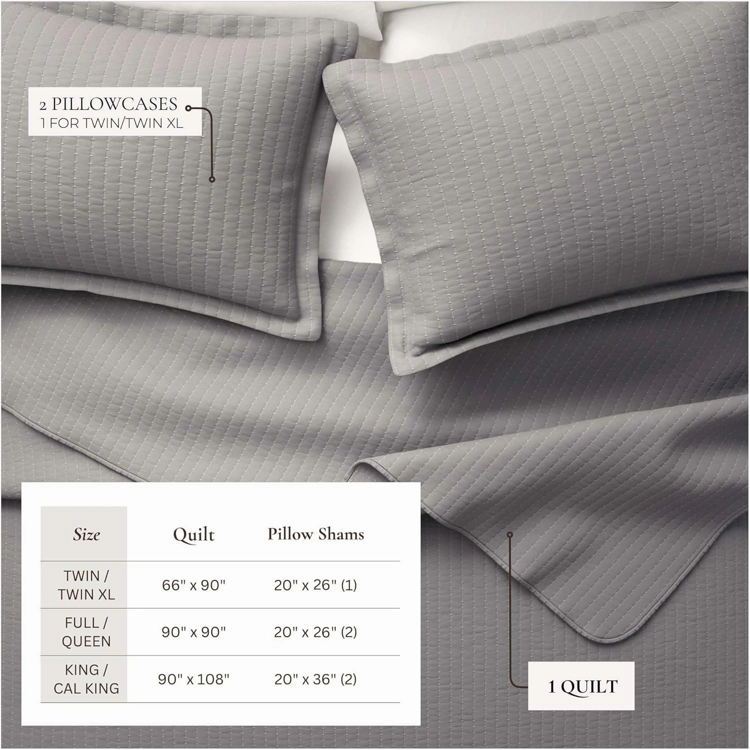 Great Bay Home King Quilt Bedding Set, 3-Piece Lightweight Summer Channel Stitch Quilt Set with Shams, Ultra Soft Ash Grey Bedspreads, Quilted Bedding Coverlets for All Seasons