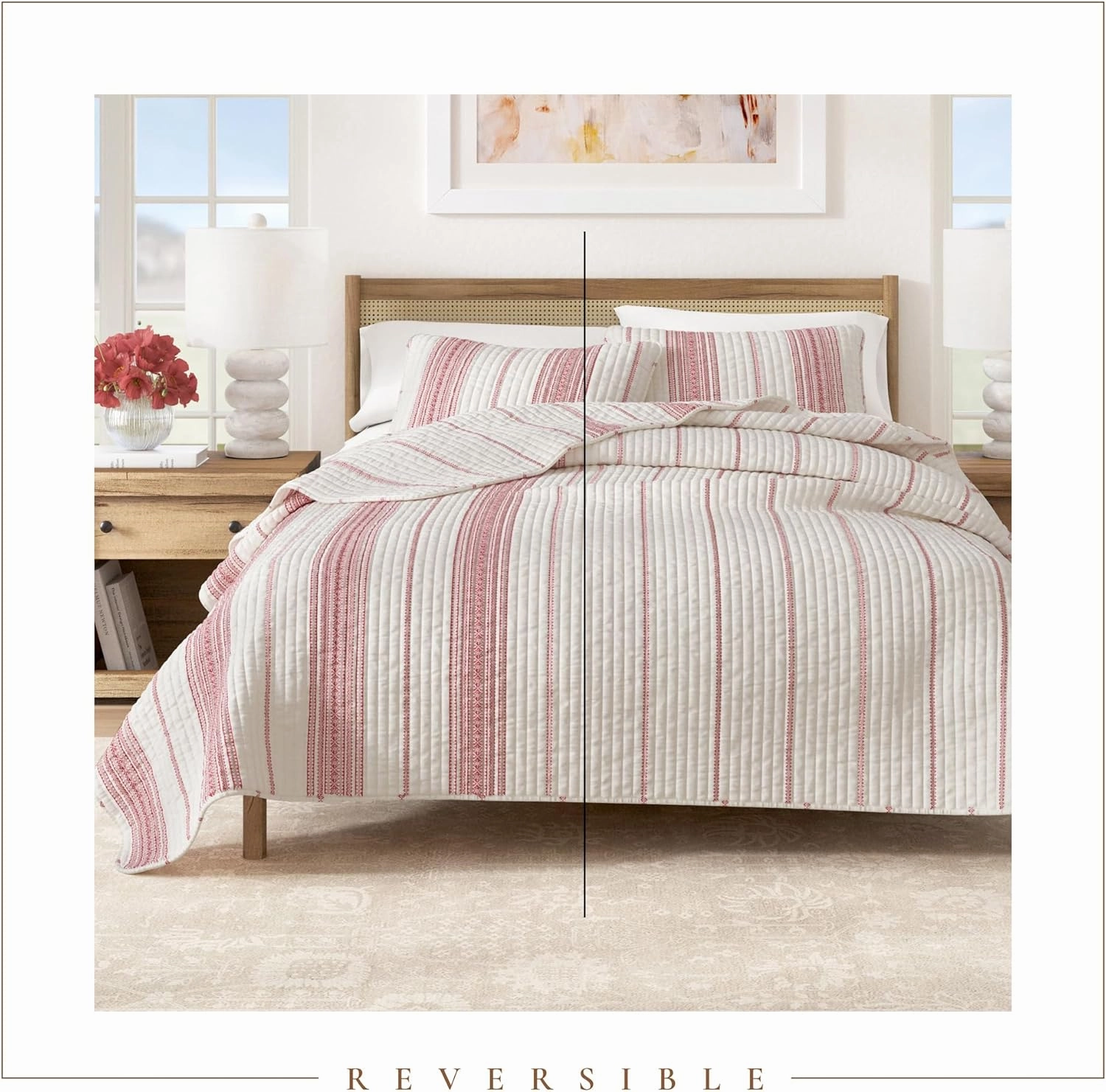 Great Bay Home Twin/Twin XL Reversible Quilt Bedding Set - All Season, Modern, Lightweight Bedspreads - Red Striped Coverlets (Includes 1 Quilt, 1 Pillow Sham)