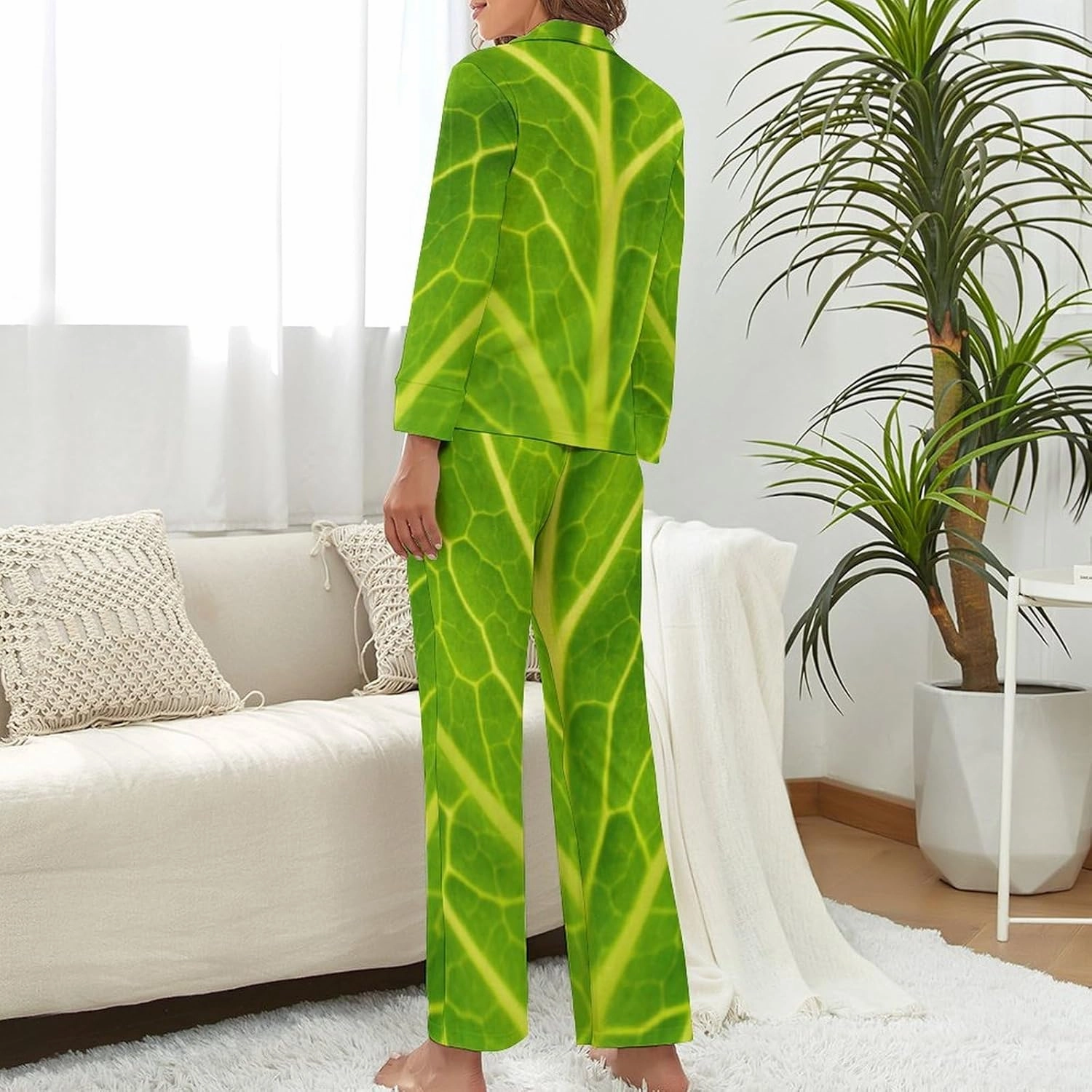Green Cabbage Leaf Women Pajama Set Long Sleeve Comfy Pjs Sets 2 Piece Lounge Set