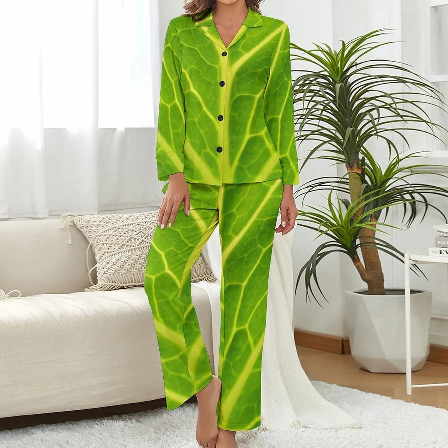 Green Cabbage Leaf Women Pajama Set Long Sleeve Comfy Pjs Sets 2 Piece Lounge Set