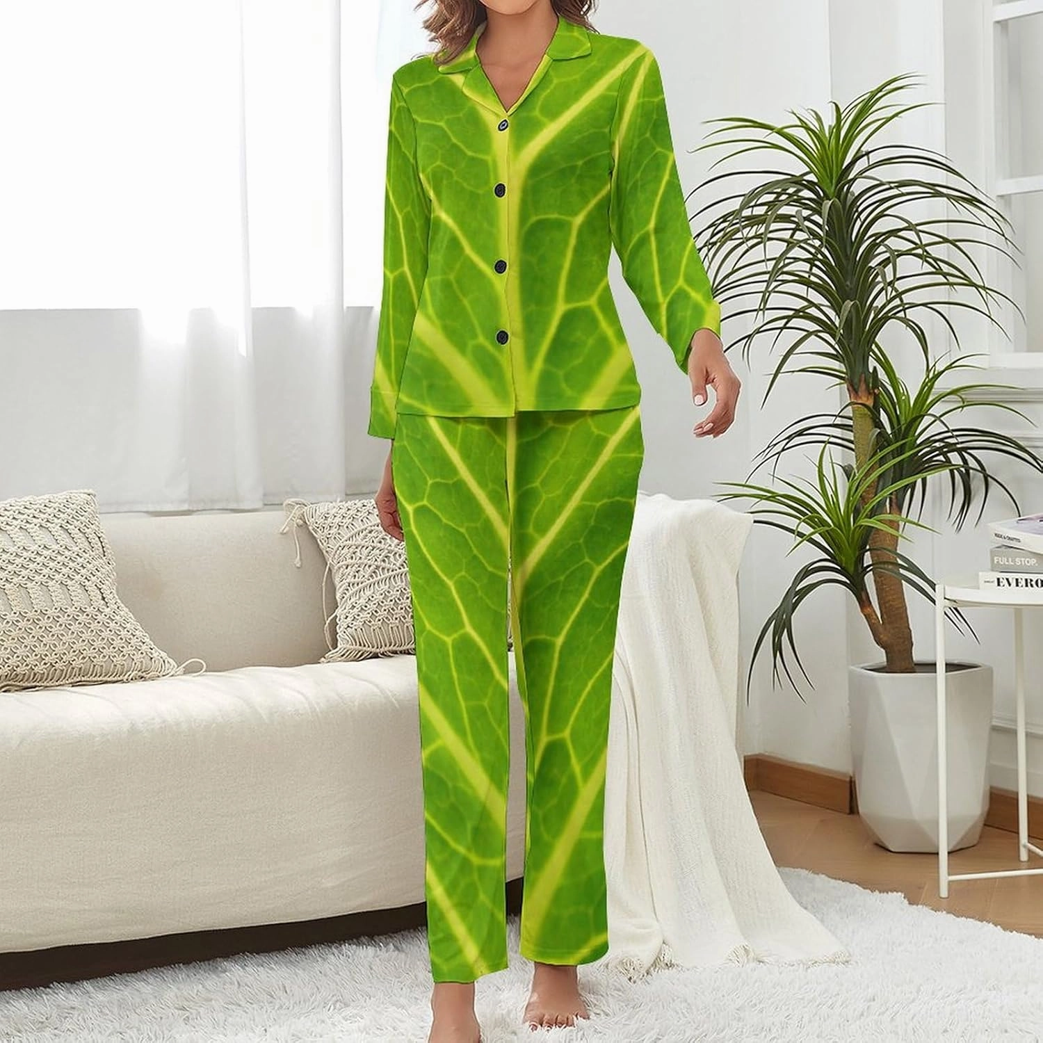 Green Cabbage Leaf Women Pajama Set Long Sleeve Comfy Pjs Sets 2 Piece Lounge Set