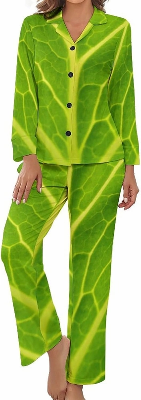 Green Cabbage Leaf Women Pajama Set Long Sleeve Comfy Pjs Sets 2 Piece Lounge Set