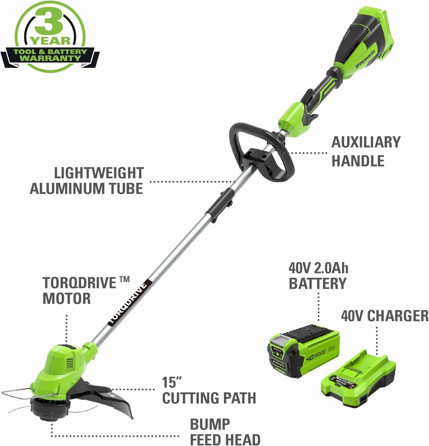 Greenworks 40V 15" Cordless String Trimmer, 2.0Ah Battery and Charger Included