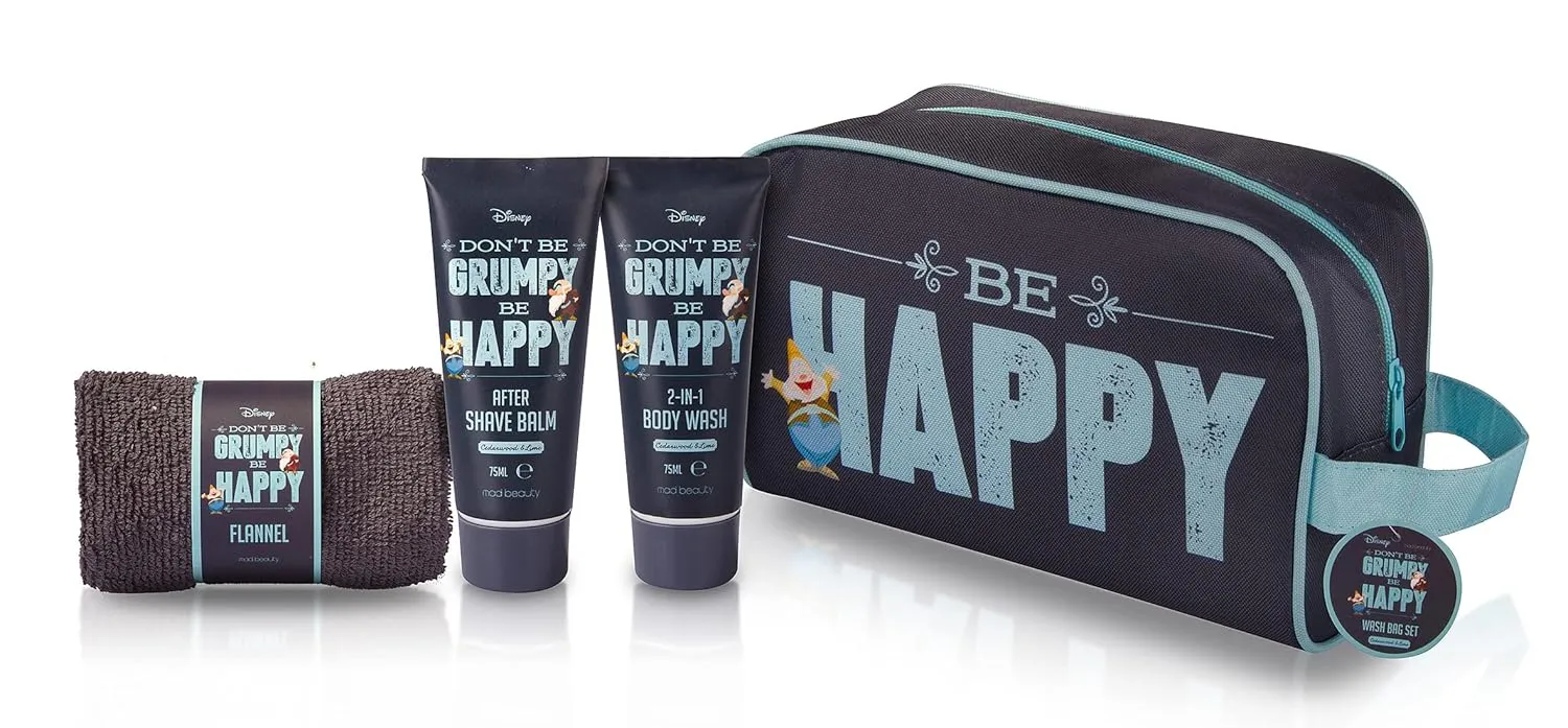 Grumpy Wash Bag Gift Set Toiletry Disney | Mad Beauty | Cedarwood & Lime Body Wash, After Shave Balm, Travel Wash Bag, Small Towel, for Men, Husband, Brother, Friends