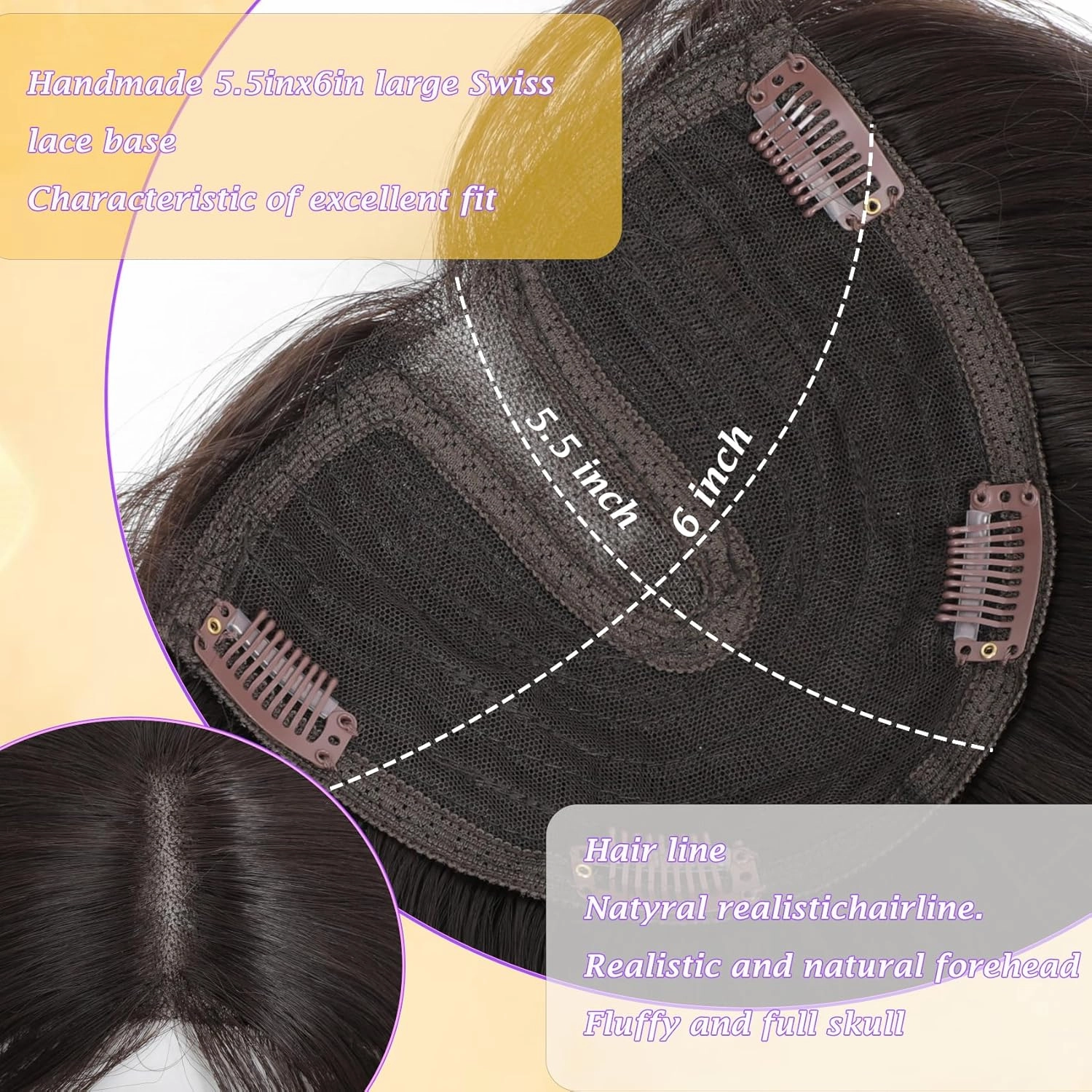 Hair Topper 360° 3D for Women with Thinning Hair, 6“×5.5“large 20 Inch Long Clip-in lace Toppers with Natural Side Bangs (Brown)