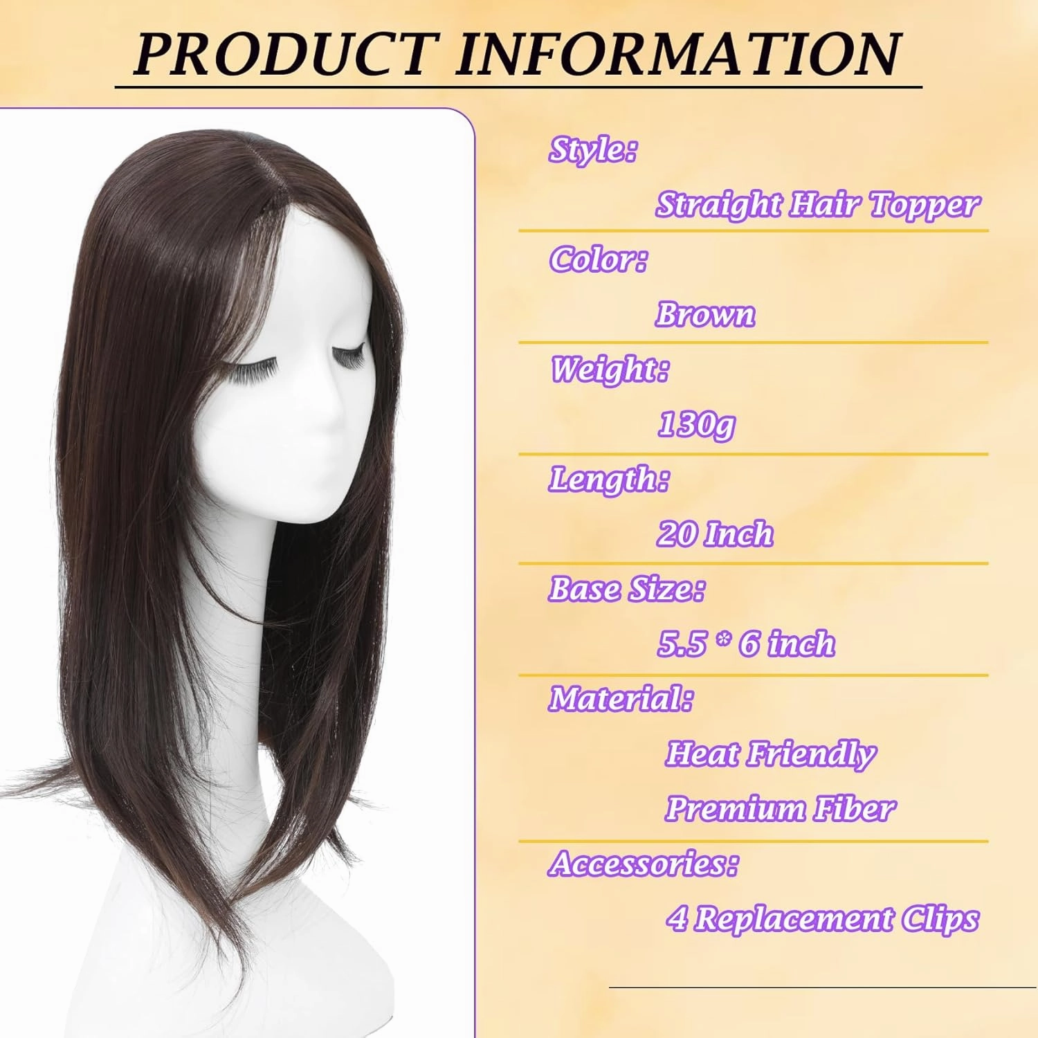 Hair Topper 360° 3D for Women with Thinning Hair, 6“×5.5“large 20 Inch Long Clip-in lace Toppers with Natural Side Bangs (Brown)