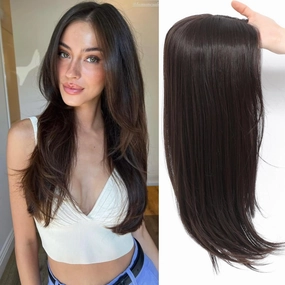 Hair Topper 360° 3D for Women with Thinning Hair, 6“×5.5“large 20 Inch Long Clip-in lace Toppers with Natural Side Bangs (Brown)