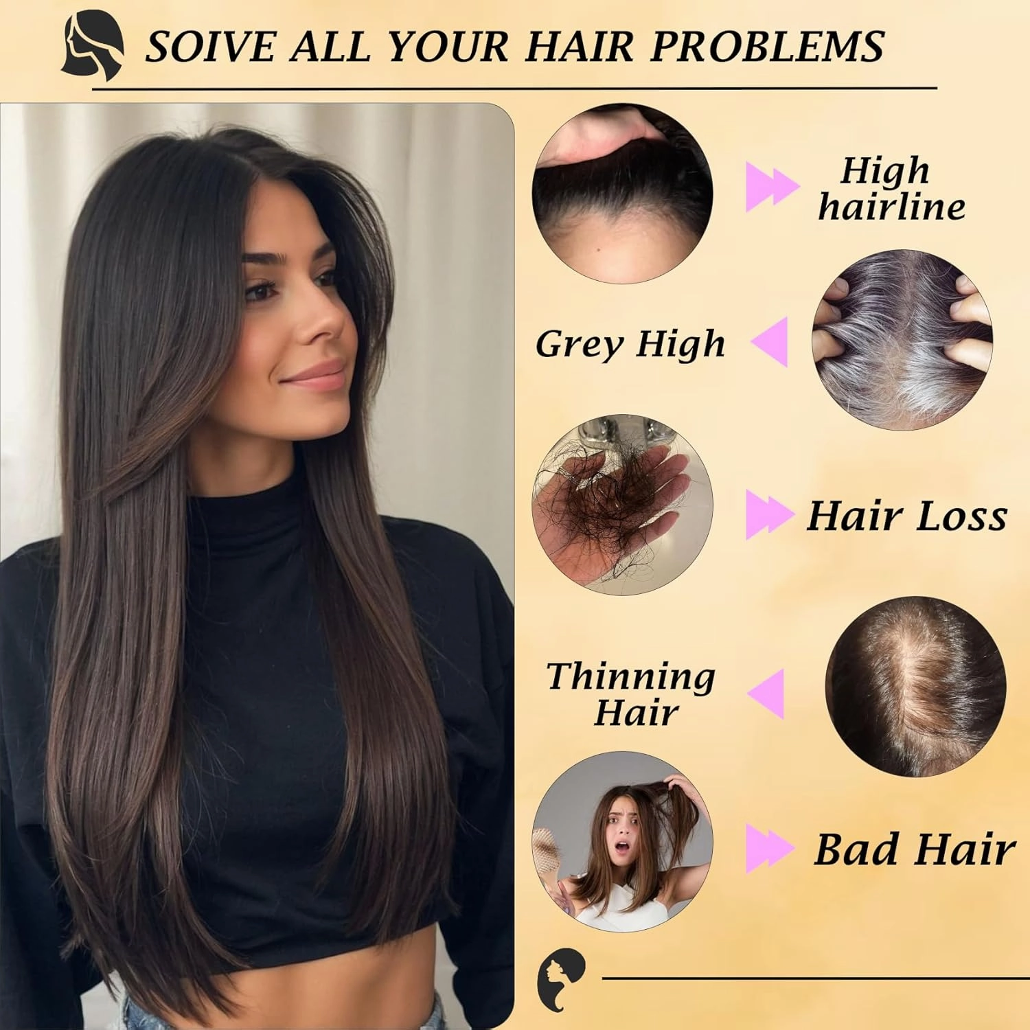 Hair Topper 360° 3D for Women with Thinning Hair, 6“×5.5“large 20 Inch Long Clip-in lace Toppers with Natural Side Bangs (Brown)