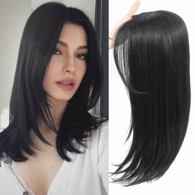 Hair Topper, 360° 3D Straight Hair Toppers for Women with Thinning Hair, 6”×5.5“large 20 Inch Long Clip-in lace Topper Synthetic Wig with Natural Side Bangs (Black)