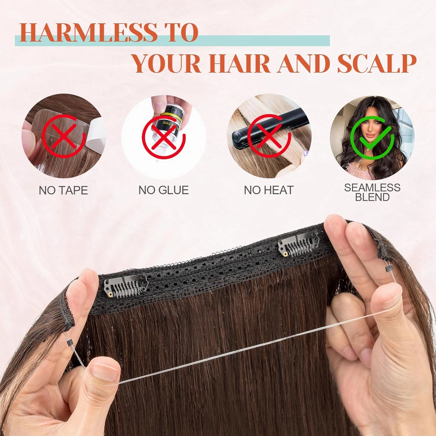Halo Hair Extensions Real Human Hair, Benehair Brown Halo Hair Extensions Remy Human Hair, 20 Inch Invisible Wire Hair Extensions for Adding Volume Hair Halo Extensions For Women #02 Dark Brown