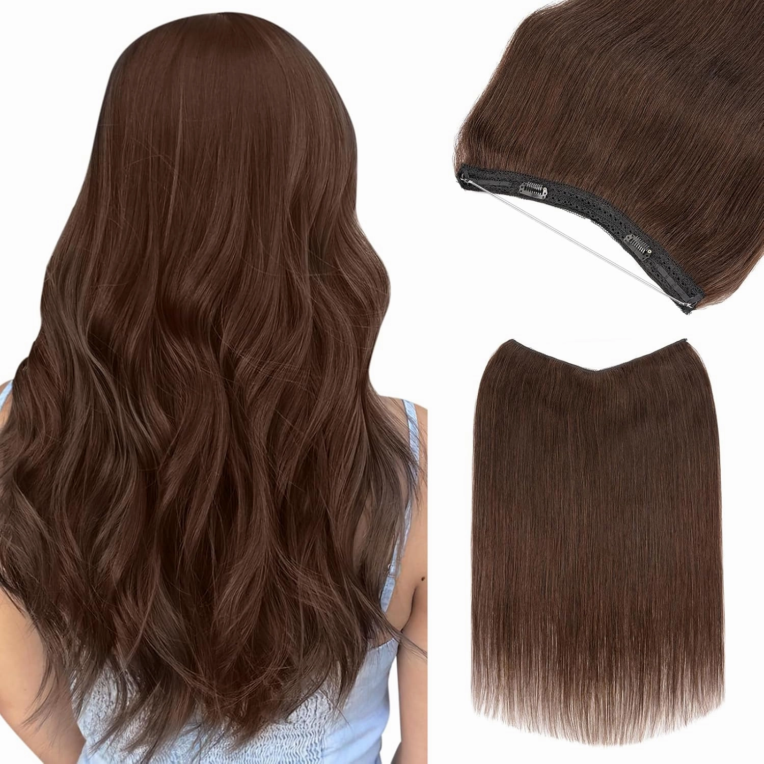 Halo Hair Extensions Real Human Hair, Benehair Brown Halo Hair Extensions Remy Human Hair, 20 Inch Invisible Wire Hair Extensions for Adding Volume Hair Halo Extensions For Women #02 Dark Brown