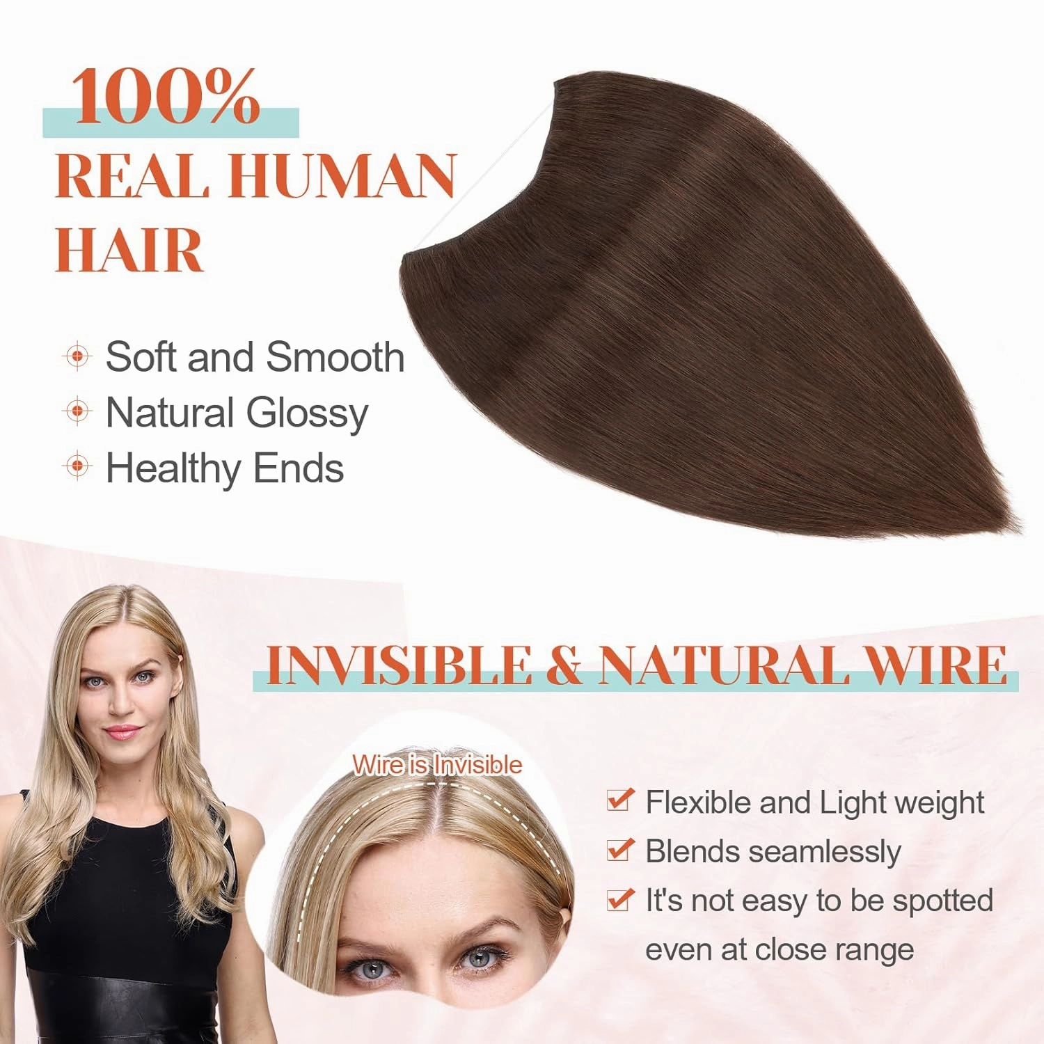 Halo Hair Extensions Real Human Hair, Benehair Brown Halo Hair Extensions Remy Human Hair, 20 Inch Invisible Wire Hair Extensions for Adding Volume Hair Halo Extensions For Women #02 Dark Brown