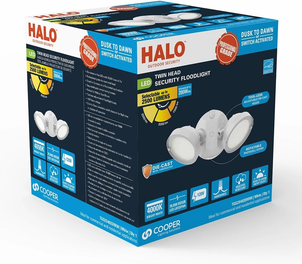 HALO TGS Outdoor LED Dusk to Dawn-Flood & Security Light Twin Round Head White