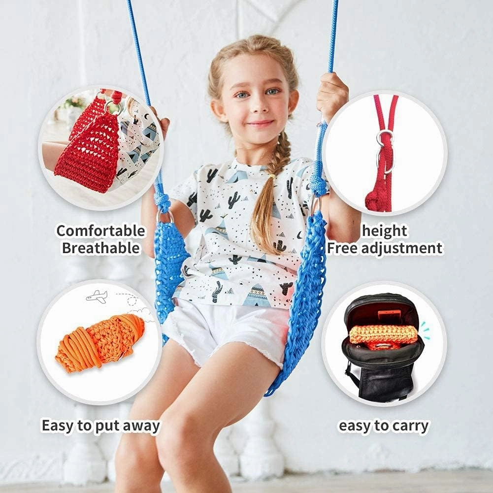 Hand-Knitting Kids Swing, Indoor Outdoor Portable Tree Swing Seat,Adjustable Ropes, with Hanging Strap and Snap Hook for Camping Hiking Backyard Playset and Playroom, Easy Install(Blue)…