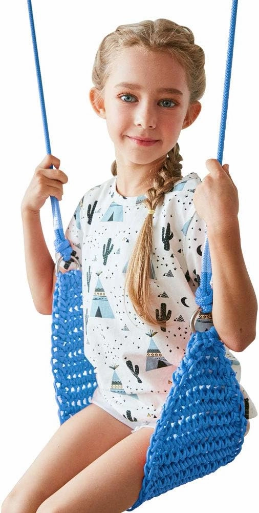 Hand-Knitting Kids Swing, Indoor Outdoor Portable Tree Swing Seat,Adjustable Ropes, with Hanging Strap and Snap Hook for Camping Hiking Backyard Playset and Playroom, Easy Install(Blue)…