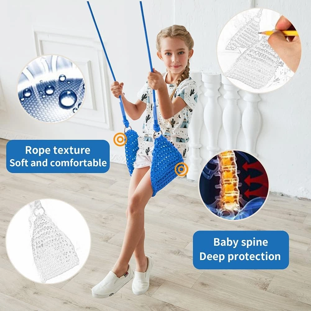 Hand-Knitting Kids Swing, Indoor Outdoor Portable Tree Swing Seat,Adjustable Ropes, with Hanging Strap and Snap Hook for Camping Hiking Backyard Playset and Playroom, Easy Install(Blue)…