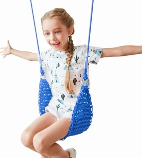 Hand-Knitting Kids Swing, Indoor Outdoor Portable Tree Swing Seat,Adjustable Ropes, with Hanging Strap and Snap Hook for Camping Hiking Backyard Playset and Playroom, Easy Install(Blue)…