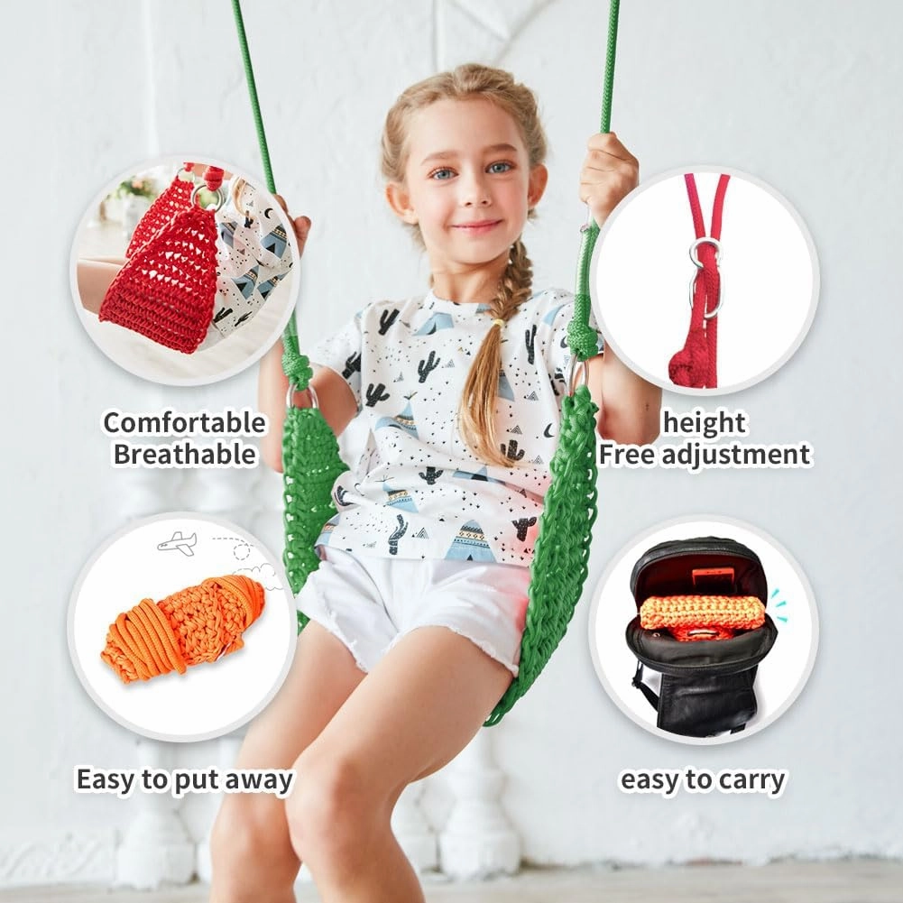 Hand-Knitting Kids Swing, Indoor Outdoor Portable Tree Swing Seat,Adjustable Ropes, with Hanging Strap and Snap Hook for Camping Hiking Backyard Playset and Playroom, Easy Install (Green)