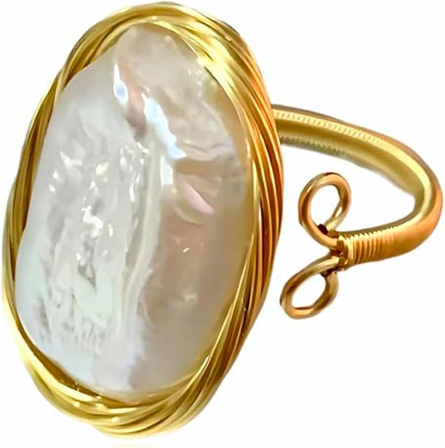 Handcrafted Baroque Pearl Ring, Natural Freshwater Pearl,14k Gold Plated Material, Winding Design, Opening Adjustable