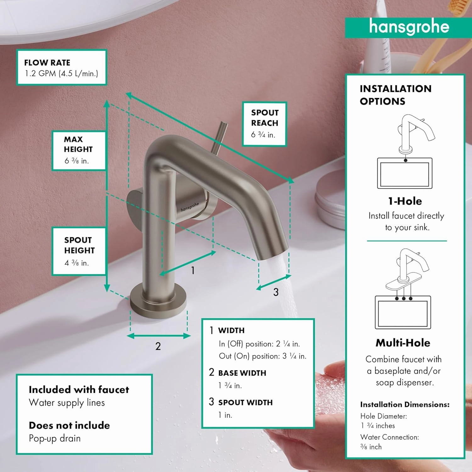 hansgrohe Tecturis S -Handle -Hole 6-inch Tall Bathroom Sink Faucet in Brushed Nickel, 73321821