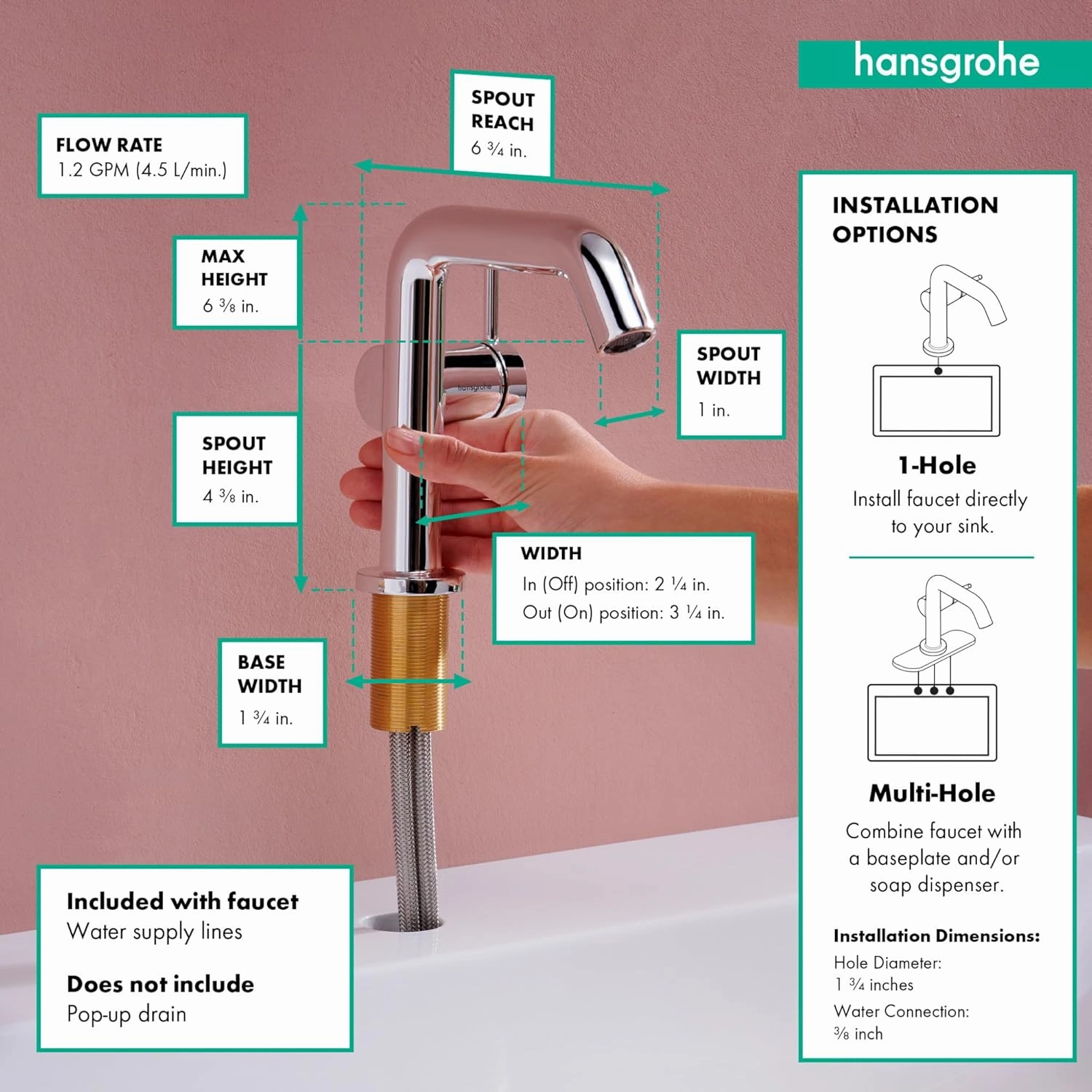 hansgrohe Tecturis S -Handle -Hole 6-inch Tall Bathroom Sink Faucet in Chrome, 73321001