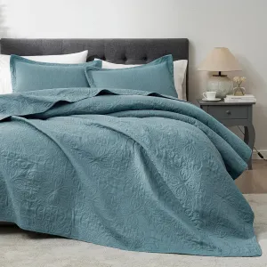 Hansleep Blue Quilt Queen Size - Baroque Ultrasonic All Season Bedspread Queen, Soft Lightweight Coverlet Bedding Set, 3 Pieces (1 Quilt, 2 Pillow Shams)
