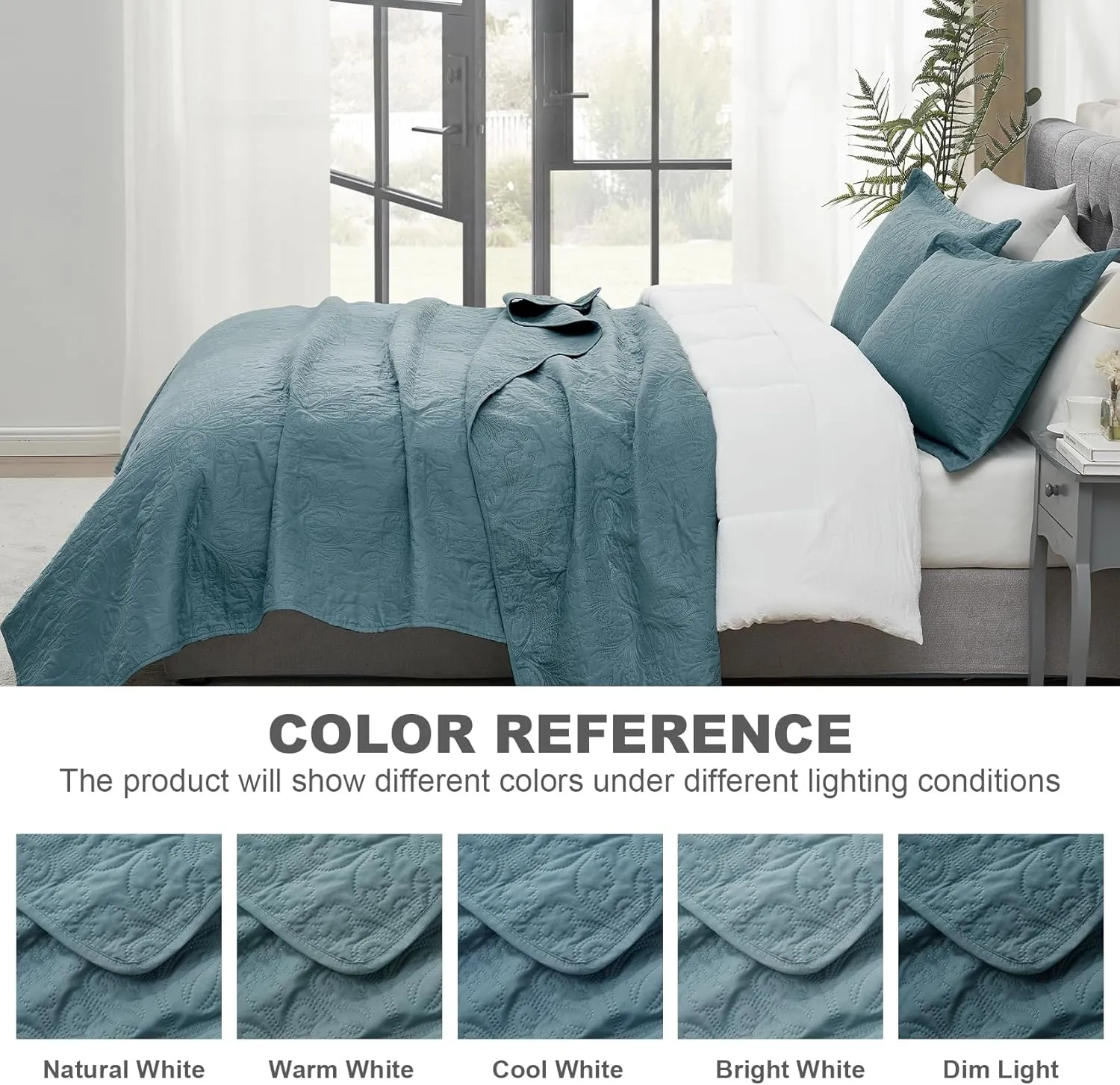 Hansleep Blue Quilt Queen Size - Baroque Ultrasonic All Season Bedspread Queen, Soft Lightweight Coverlet Bedding Set, 3 Pieces (1 Quilt, 2 Pillow Shams)