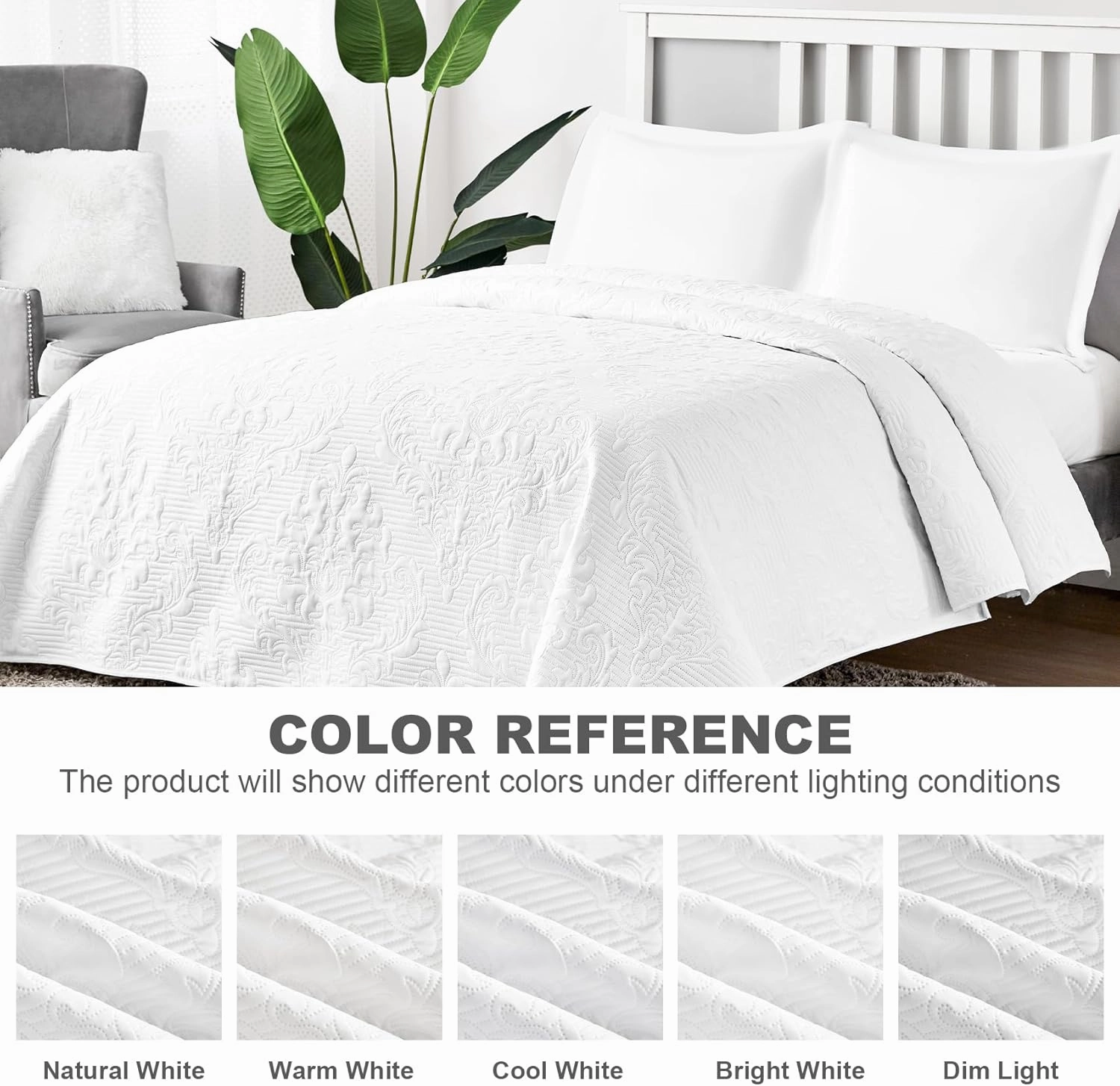 Hansleep White Quilt Queen Size - Damask Ultrasonic Summer Bedspread Queen, Soft Lightweight Coverlet Bedding Set, 3 Pieces (1 Quilt, 2 Pillow Shams)