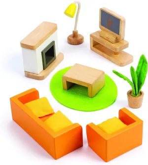 Hape Wooden Doll House Furniture Media Room Set| Pretend Playset for Kid’s Wooden Dollhouse