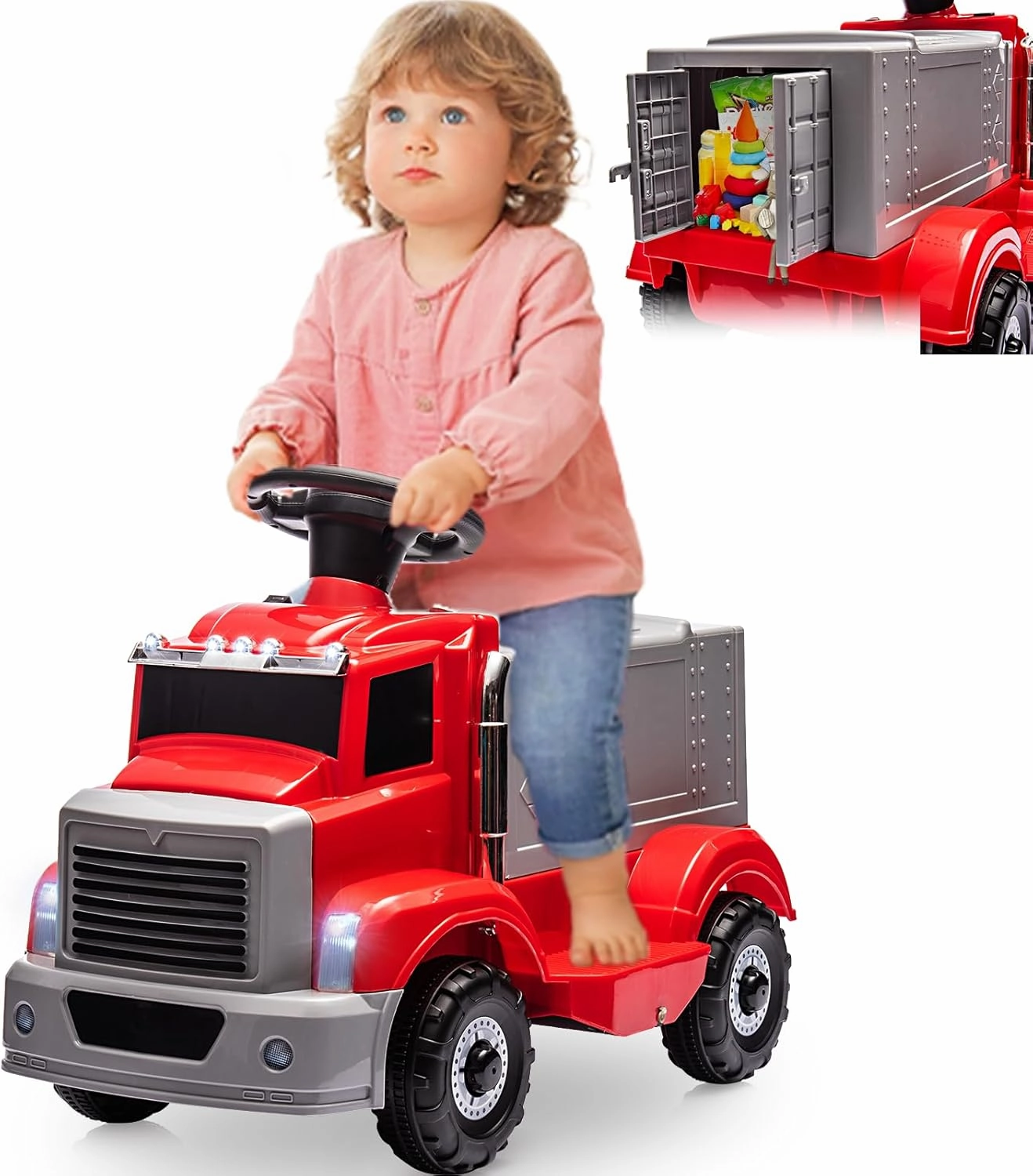 Hetoy Ride on Truck, 6V Kids Electric Car with Under Seat Storage, Music, 2 Headlights and 5 LED Lights, Battery Powered Kids Electric Vehicle Ride on Toy for Toddlers, Red
