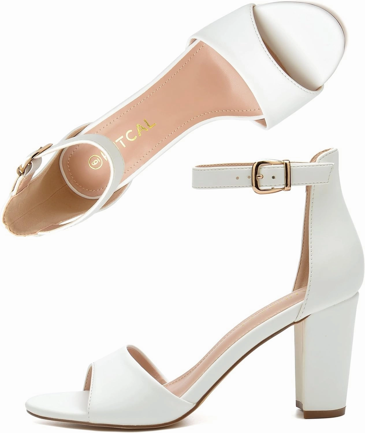 HHTCAL Ankle Strap Chunky Block High Heels for Women Sexy Strappy Fashion Buckle Round Open Toe Heeled Sandals Bridesmaid Bride Party Wedding Shoes