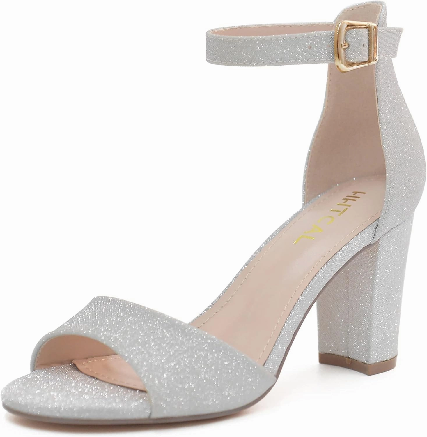 HHTCAL Ankle Strap Chunky Block High Heels for Women Sexy Strappy Fashion Buckle Round Open Toe Heeled Sandals Bridesmaid Bride Party Wedding Shoes