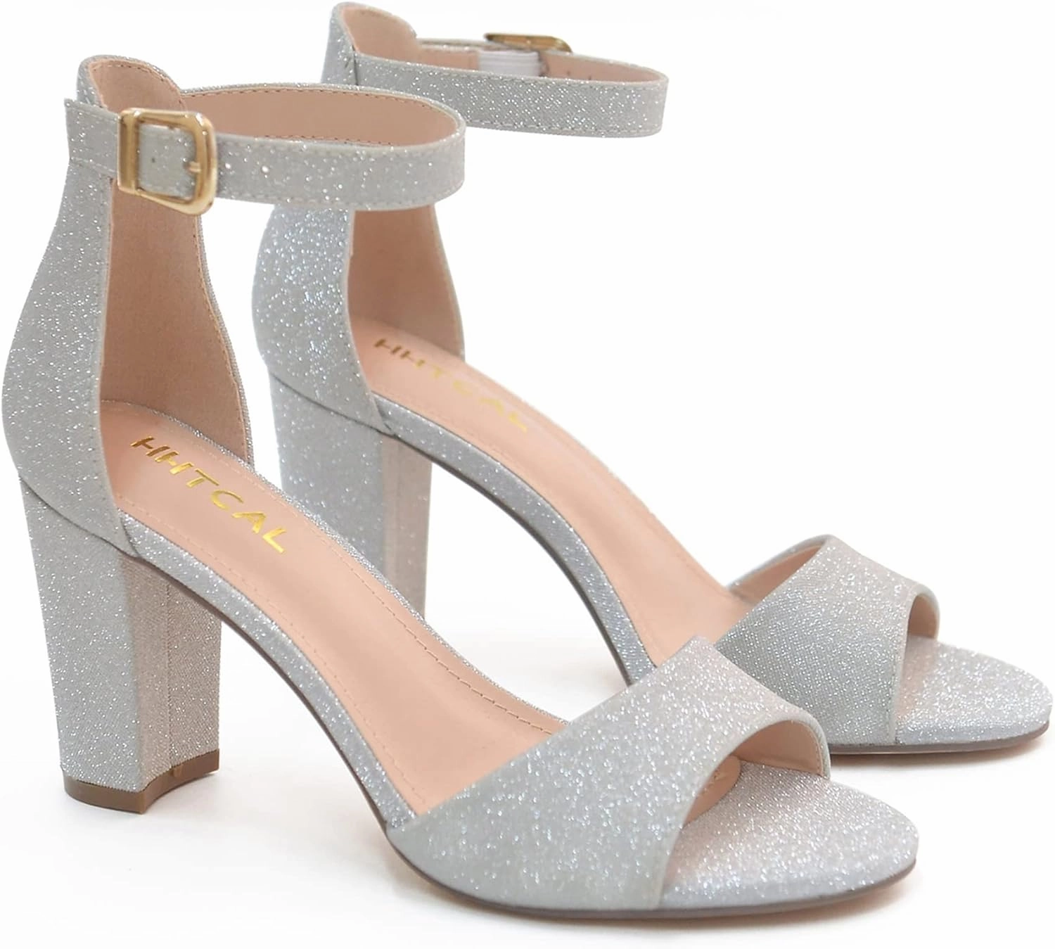 HHTCAL Ankle Strap Chunky Block High Heels for Women Sexy Strappy Fashion Buckle Round Open Toe Heeled Sandals Bridesmaid Bride Party Wedding Shoes