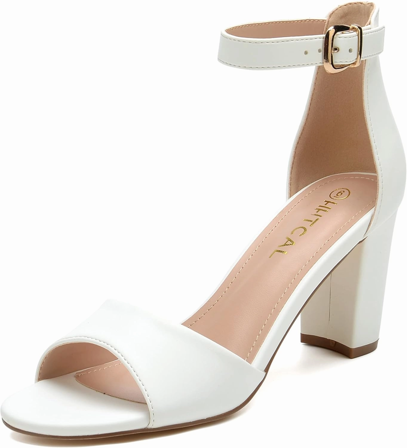 HHTCAL Ankle Strap Chunky Block High Heels for Women Sexy Strappy Fashion Buckle Round Open Toe Heeled Sandals Bridesmaid Bride Party Wedding Shoes