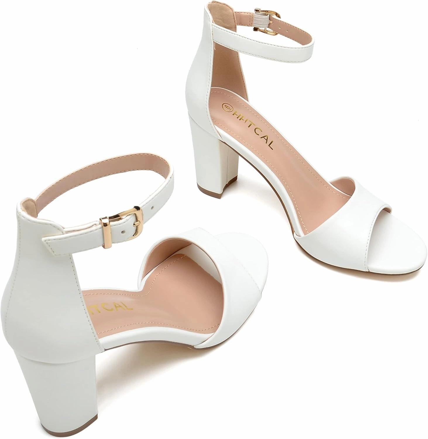 HHTCAL Ankle Strap Chunky Block High Heels for Women Sexy Strappy Fashion Buckle Round Open Toe Heeled Sandals Bridesmaid Bride Party Wedding Shoes