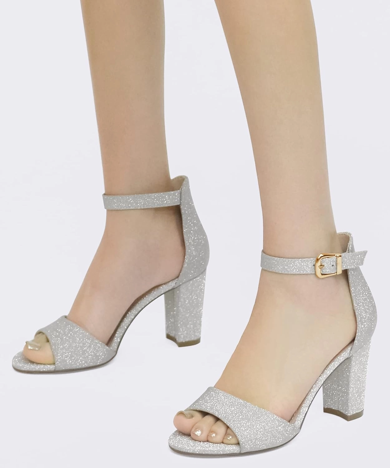 HHTCAL Ankle Strap Chunky Block High Heels for Women Sexy Strappy Fashion Buckle Round Open Toe Heeled Sandals Bridesmaid Bride Party Wedding Shoes