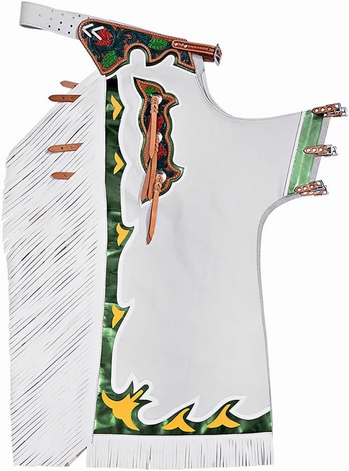 HILASON Bronc Bull Riding Genuine Leather Rodeo Western Chaps White Green White Base | Leather Bull Riding Chaps for Men and Women | Bull Riding Chaps | Western Chaps Leather | Unisex Riding Chaps