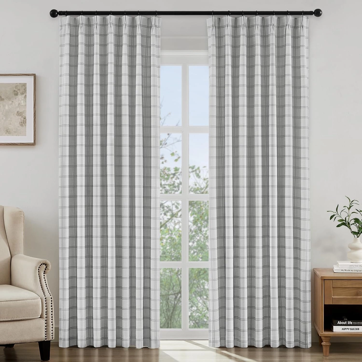 HOMEIDEAS 100% Blackout Plaid Pinch Pleated Curtains, Noise Reduction Thermal Insulated with Adjustable Hook, for Farmhouse Living Room, Bedroom, Nursery, 2 Panels, W40 X L84 Inch, Grey